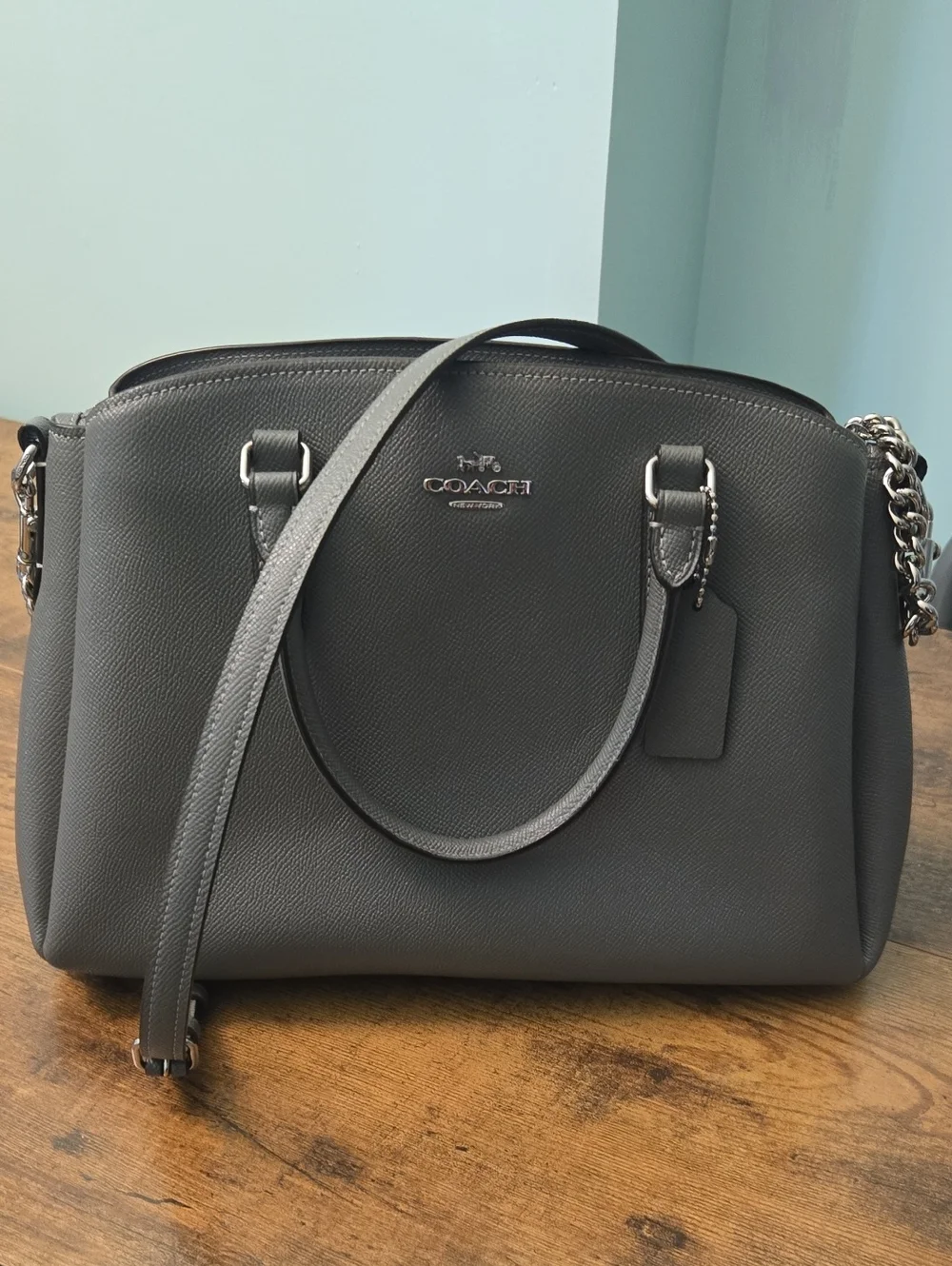 Coach Charcoal Gray Leather Satchel with Chain Accent